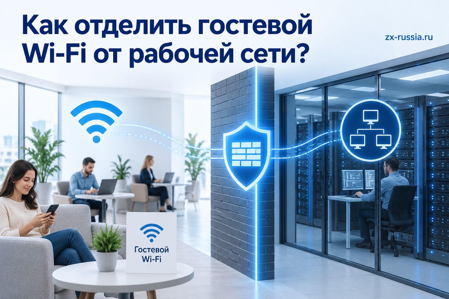 Гостевой доступ отделяют от рабочих ресурсов правилами сети и межсетевого экрана.