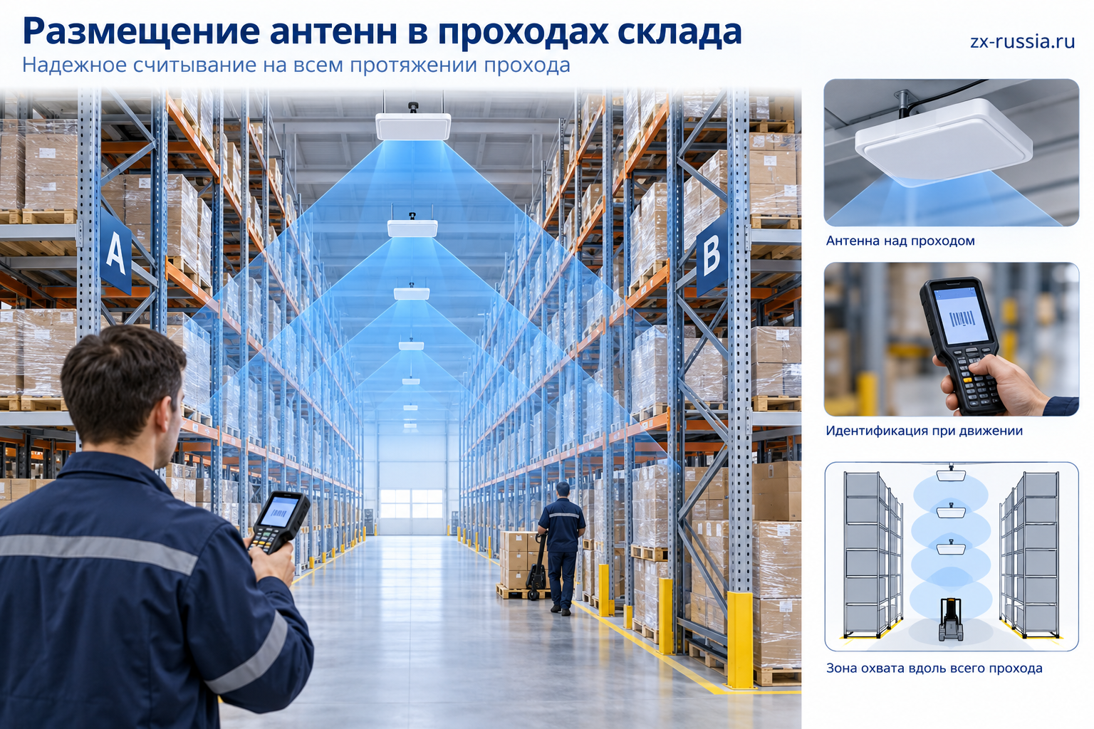 Высота, ориентация антенн и заполненность стеллажей меняют условия связи в проходах.